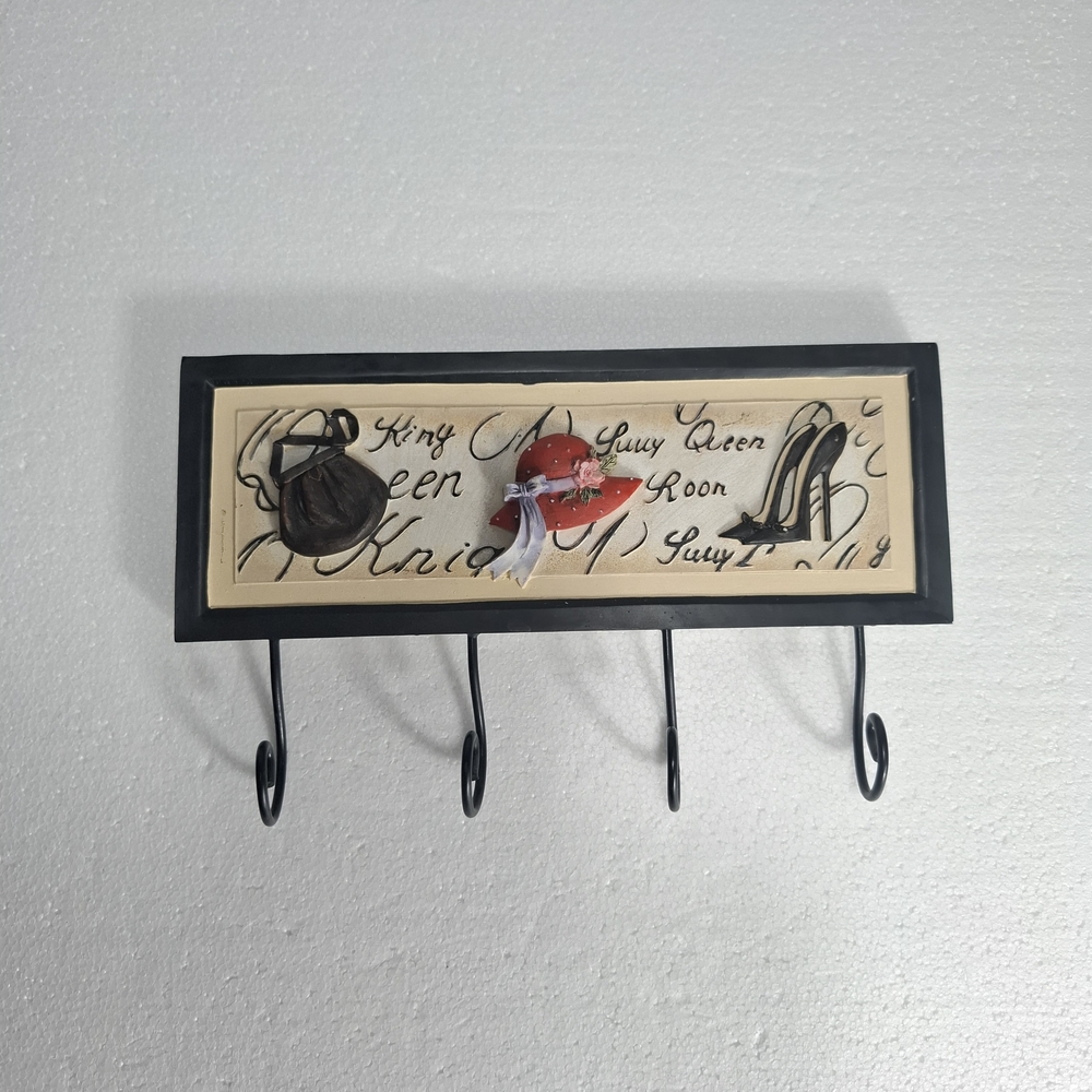 Wall Hook Rack with Black Frame and Red Hat Accent
